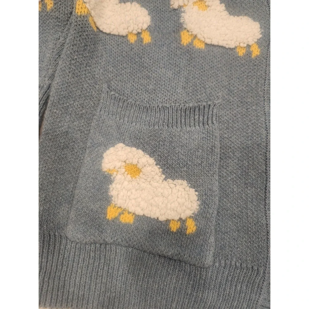 Blue & White Cardigan V-Neck Knit Sweater Sheep Motif Cottagecore Size Med/Large